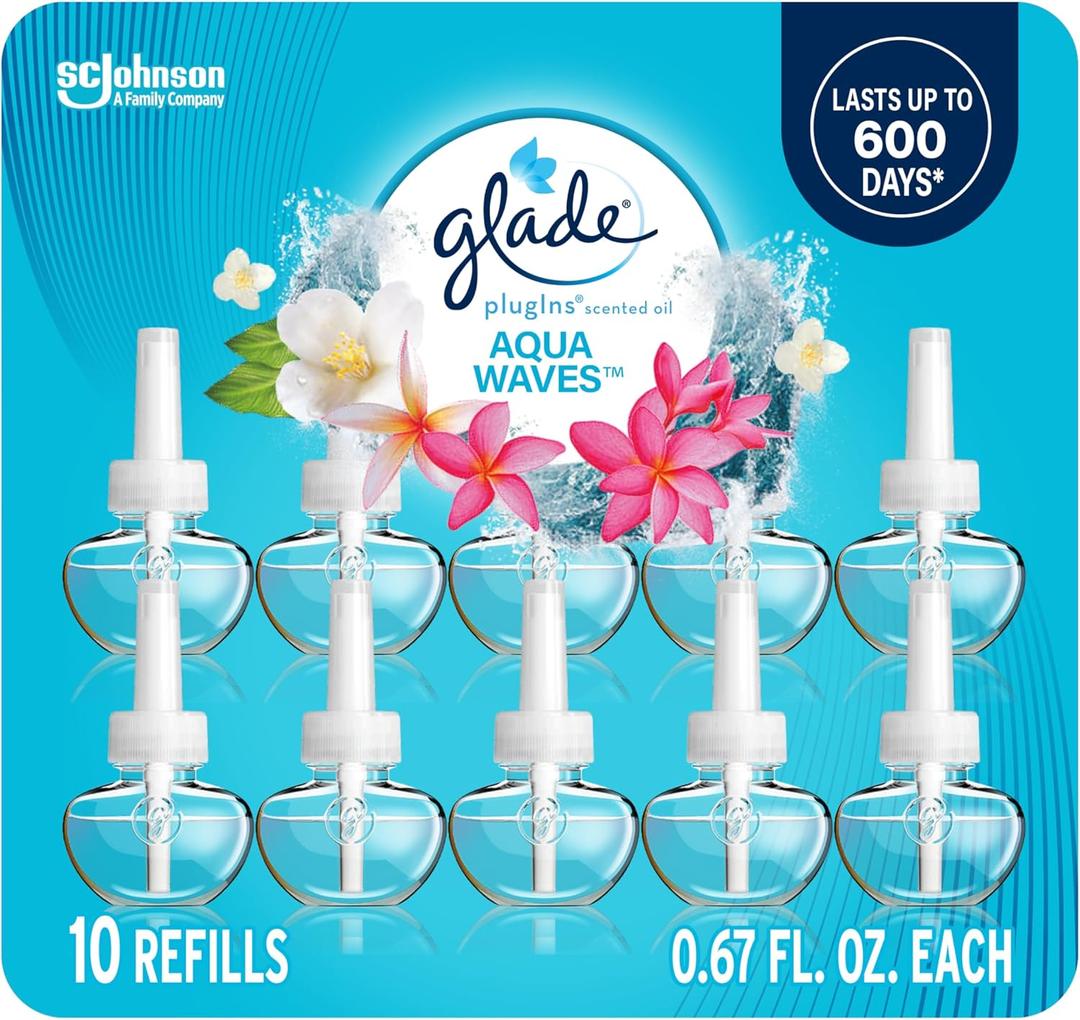 Glade PlugIns Refills Air Freshener, Scented and Essential Oils for Home and Bathroom, Aqua Waves, 6.7 Fl Oz, 10 Count (Packaging May Vary) Glade PlugIns Refills Air Freshener, Scented and Essential Oils for Home and Bathroom, Aqua Waves, 6.7 Fl Oz, 10 Count (Packaging May Vary)