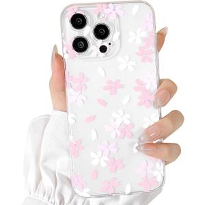 Lovmooful Compatible for iPhone 14 Pro Case Cute Clear Flower Floral Design for Girls Women Soft TPU Shockproof Protective Girly for iPhone 14 Pro-White Pink Floral