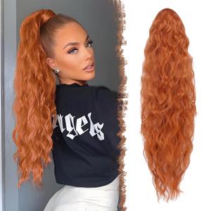 FESHFEN Ponytail Extensions - 26 inch Drawstring Long Curly Wavy Clip in Ponytails Synthetic Hair Piece Pony Tail Hairpieces for Women, Copper Red