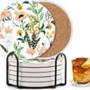 Cute Flower Coasters Set of 6 with Holder and Cork Base - 4in Absorbent Ceramics Coaster for Tabletop Protection Drink Coasters-Coffee Table Decoration,Home Decor-Housewarming Gifts for New Home