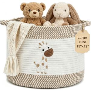 Baby Laundry Basket for Nursery, Large 15”x12” Baby Storage Baskets, Cotton Rope Kids Hamper Soft Foldable Bin with Cute Embroidered Animal Designs for Home Toys Organize