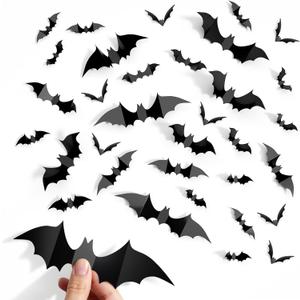 140Pcs Bats Halloween Decor, Spooky Halloween Party Supplies Stickers, 3D Bats Wall Decal, Cute Halloween Decorations Indoor for Bedroom, Bathroom, Home, Door, Window, Office (Black)