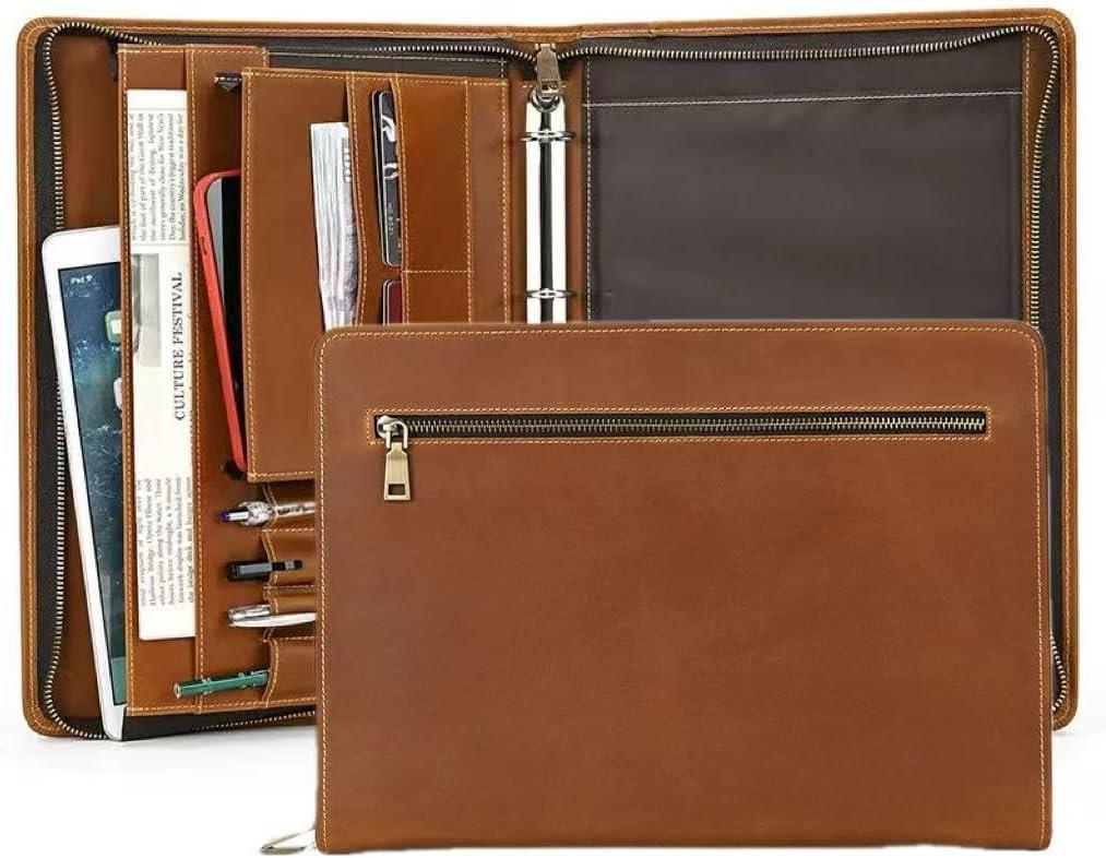 Zippered Padfolio Organizer, Leather Planner Binder, 12.9 Inch Portfolio Folder for Documents, Letter Size Business Card Tablet Document Holder for Men&Women, Brown