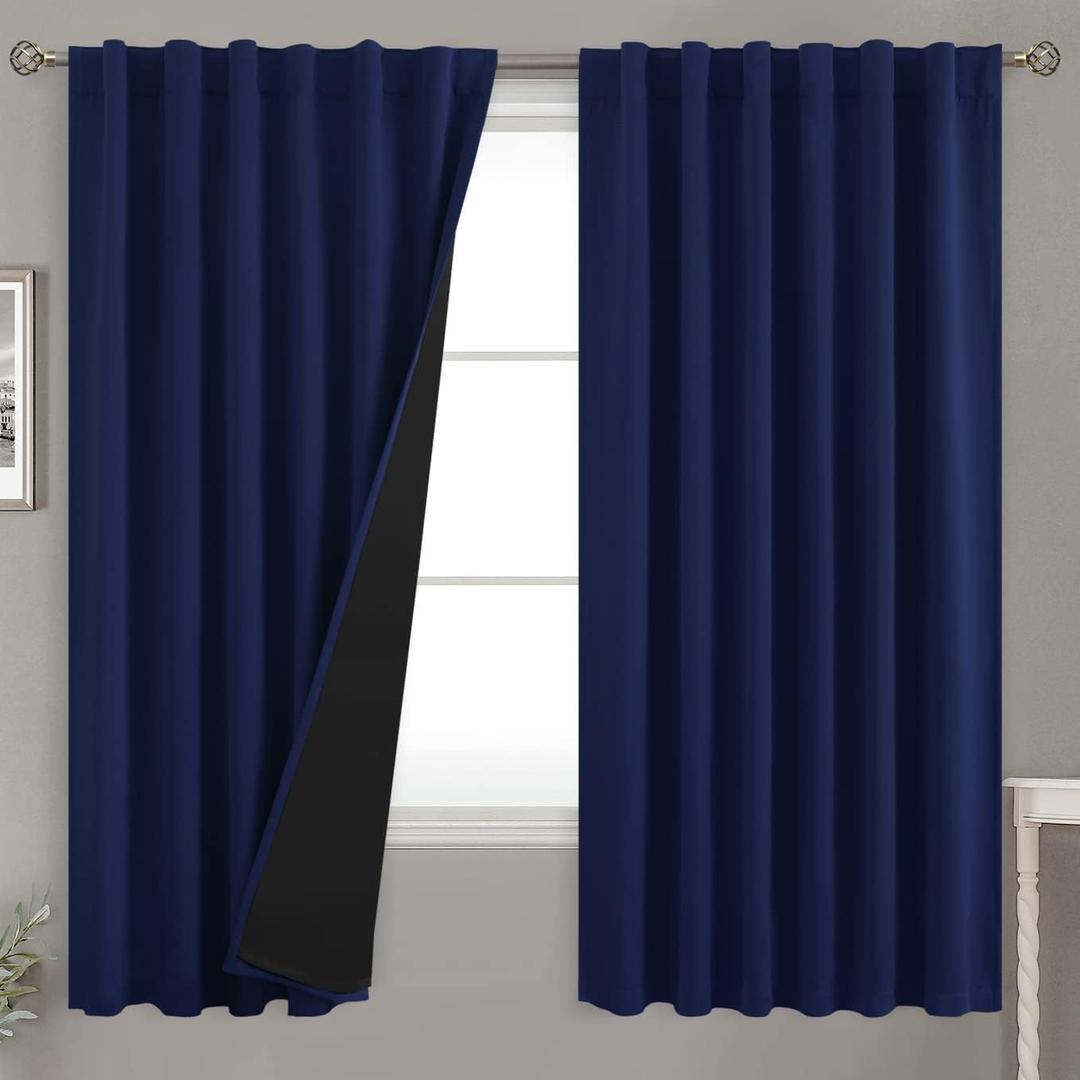BGment Full Room Darkening Curtains for Bedroom, 52 x 63 Inch, Navy Blue | Thermal Insulated 100% Blackout, Noise Reducing, Black Out Curtains 63 Inch Long, Double Layer, Rod Pocket Back Tab, 2 Panels