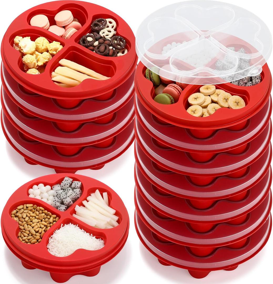 12 Pcs 6.8 Inch Valentine's Day Mini Snack Box Divided Dessert Serving Tray Heart Red 4-compartment Snack Container Box with Lids for Christmas Mother's Day Lunch Meal