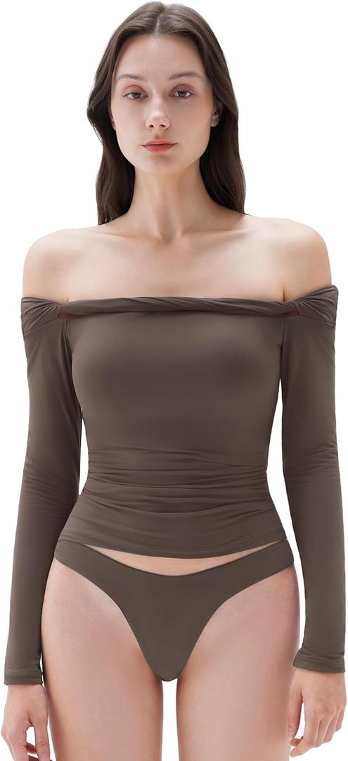 SUUKSESS Women Padded Off The Shoulder Tops Double Lined Going Out Fitted Basic Fall Shirts (Brown, M)