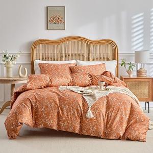 AMWAN Burnt Orange Comforter Set Full 3 Piece, Botanical Bedding Comforter Set 1 Comforter with 2 Pillowcases, All Seasons Floral Warm Fluffy Bed Set, Full Boho Bedding Comforter Set