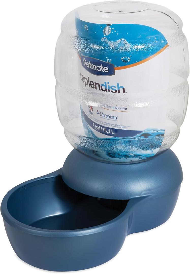 Petmate Replendish Automatic Gravity Waterer for Cats and Dogs, BPA-Free, No Batteries Required, Includes Charcoal Filter, 4 Gallons, Made in USA,Blue