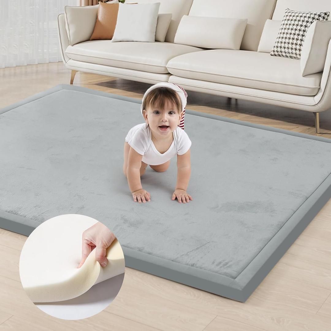 ACOMOPACK Baby Play Mat for Floor 1.3" Thick Memory Foam Play Mat 59"71" Tummy Time Crawling with Non-slip Bottom for Living Room,Nursery,Soft Velvet Playpen Mats for Kids,InfantsLight Grey
