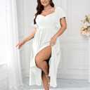 SCOMCHIC Women Plus Size Dresses Short Sleeve Sweetheart Neckline Wedding Guest Cocktail Smocked A Line Slit Maxi Dress White, 24W
