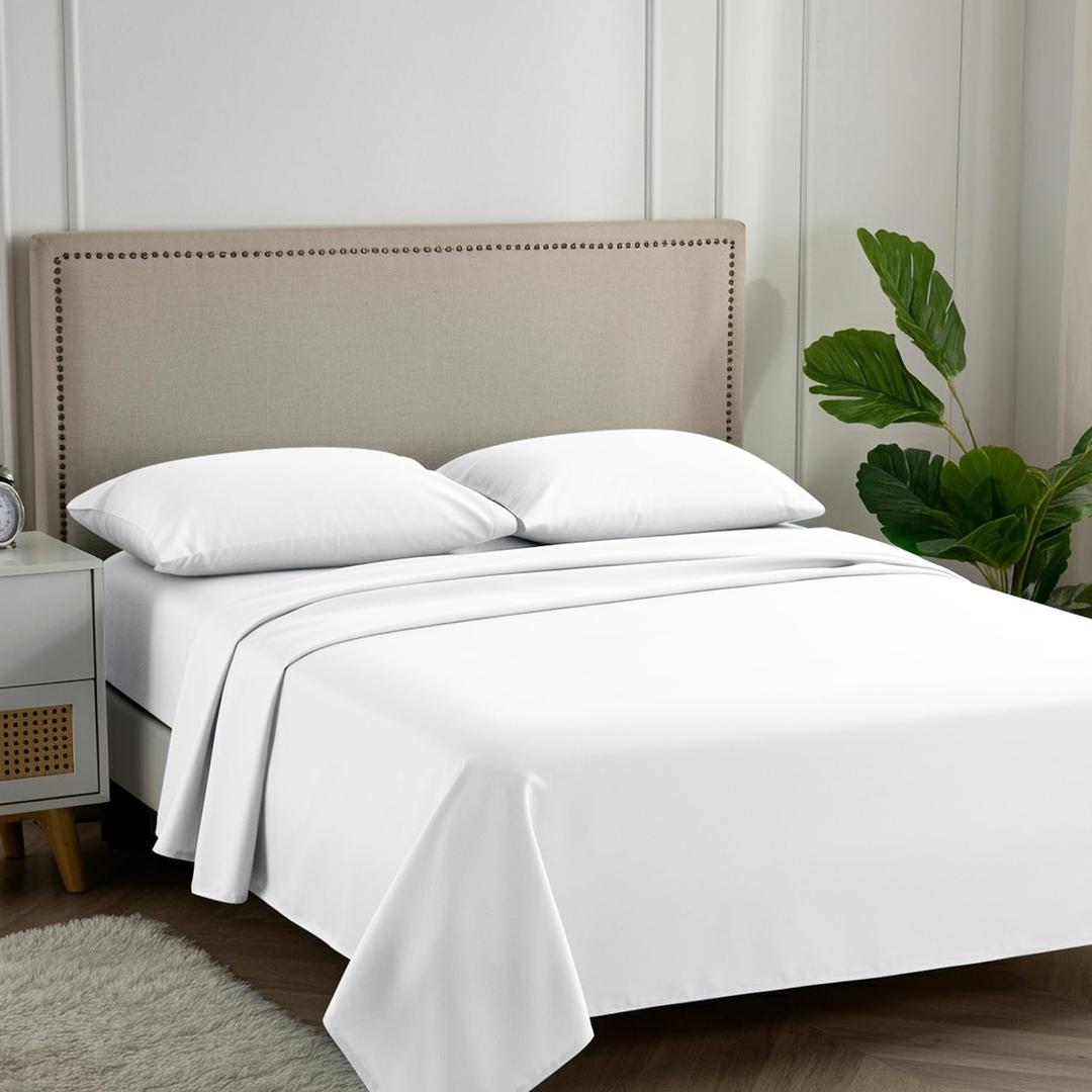 Carressa Linen 100% Egyptian Cotton Full Size Sheets - 600 Series Hydrangeas Collection Full Size Egyptian Cotton Sheets (4 PC, Crisp White), 16" Deep Pocket Sateen Weave Luxury Hotel Bed Sheet Set