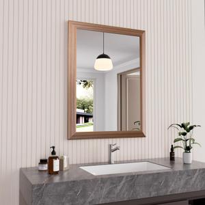 Amorho Bathroom Mirror, 24x32 Inch Wall Mirror, Walnut Wood Grain Metal Framed, Anti-Rust, Hang Horizontally/Vertically, Suitable for Bedroom, Farmhouse, Bathroom, Decorative