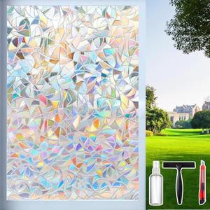 Rainbow Window Privacy Film Decorative, Stained Glass Window Tint for Home, 3D Decals Window Clings for Glass Windows, Static Cling Window Sticker, Suncatcher Window Cover, 23.6 Inch x 78.74 Inch