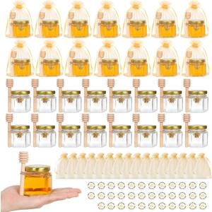 AuroTrends 2oz Mini Honey Jars with Dipper 30Pack, Glass Jars for Baby Shower Favors/Wedding Favors for Guests Bulk-Mini Jars with Wooden Dippers/Bee Charms/Gift Bags/Stickers (2fl.oz-Golden Lids)