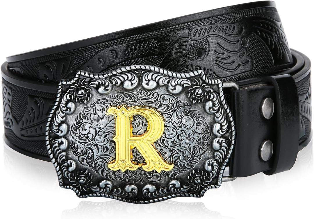 Mens Western Cowboy Cowgirl Faux Leather Belt Longhorn Bull Pattern Letter Big Buckle Embossed Floral Belts (38 (Fits Waist 36"-37"))