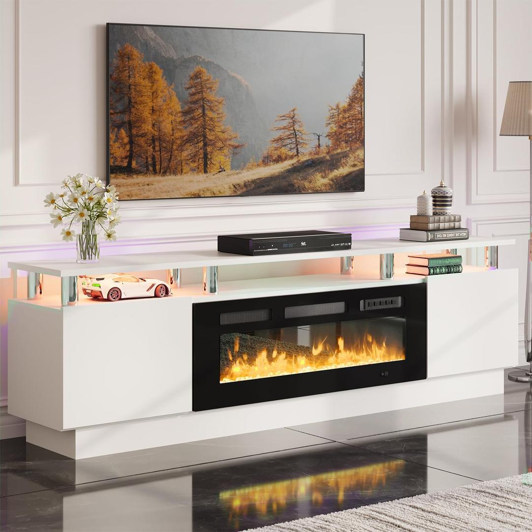 oneinmil Fireplace TV Stand with 36 Electric Fireplace, 80 2 Tier TV Console Stand for TVs Up to 90"", LED Light Entertainment Center, Fireplace for The Living Room TV Stand, White, H21014WH-80