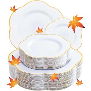 Liacere 50PCS White Plastic Plates - Heavy Duty Disposable - White and Gold Plastic Plates Include 25PCS 7inch and 10inch plates for Party & Baby Shower Gifts & Fall Decor & Thanksgiving