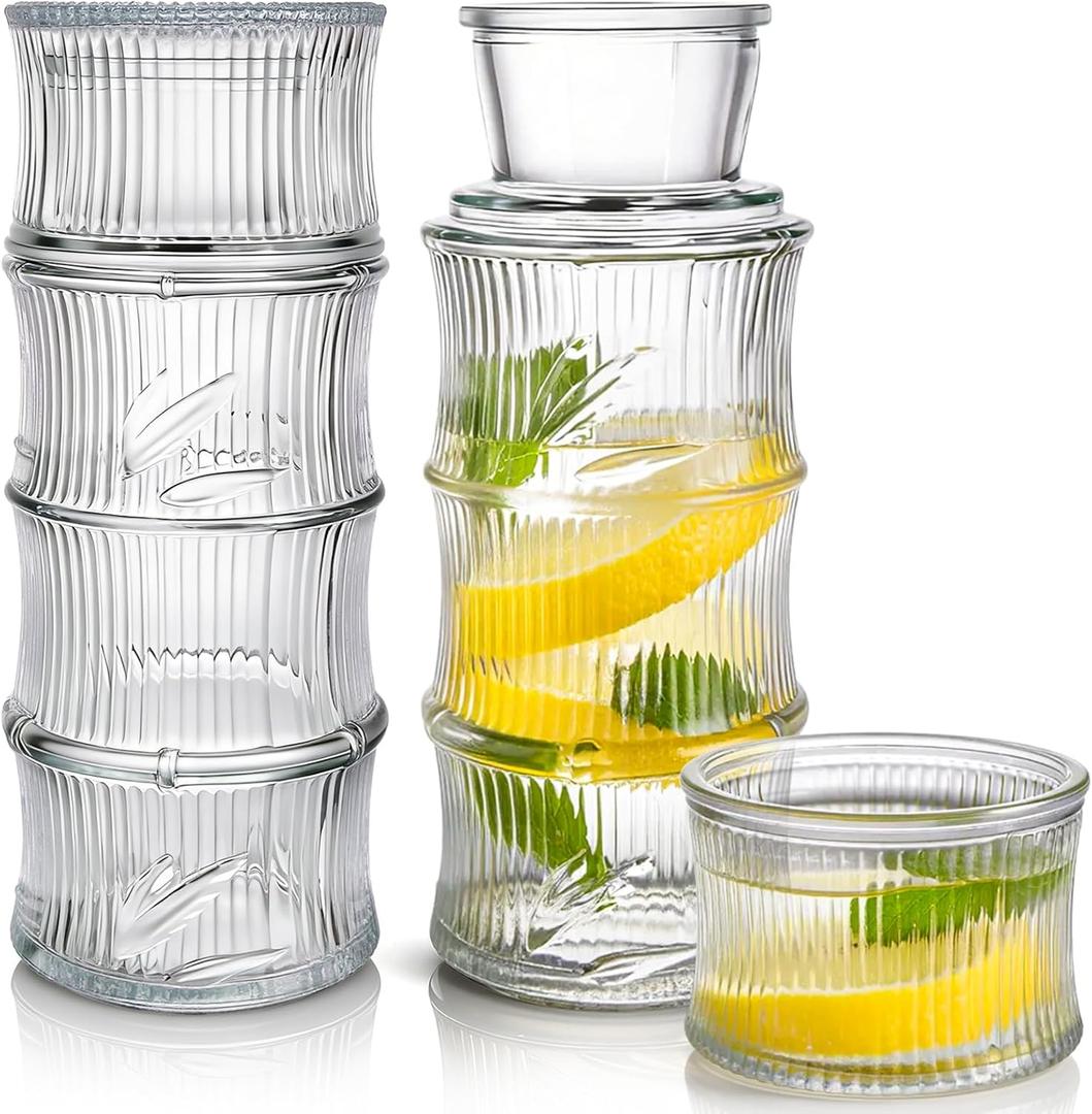 Elsjoy 4 Pack (2 Sets) Bedside Water Carafe and Glass Set, 24 oz Glass Carafe with 6 oz Glass Cup, Nightstand Water Pitcher Glass Mouthwash Decanter for Bathroom