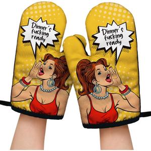 Dinner's Fxxking Ready Funny Yellow Oven Mitts with Hanging Loop and Silicone Non-Slip, Housewife Baking Cooking Kitchen Utensils 2-Piece Set, Gifts for Chef Hostess Mom Wife Aunt Sister