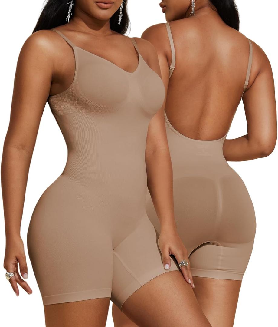 PAUKEE Women's Backless Shapewear Bodysuit Tummy control Shorts Seamless Body Shaper Light Body Sculpting (Medium, Beige)