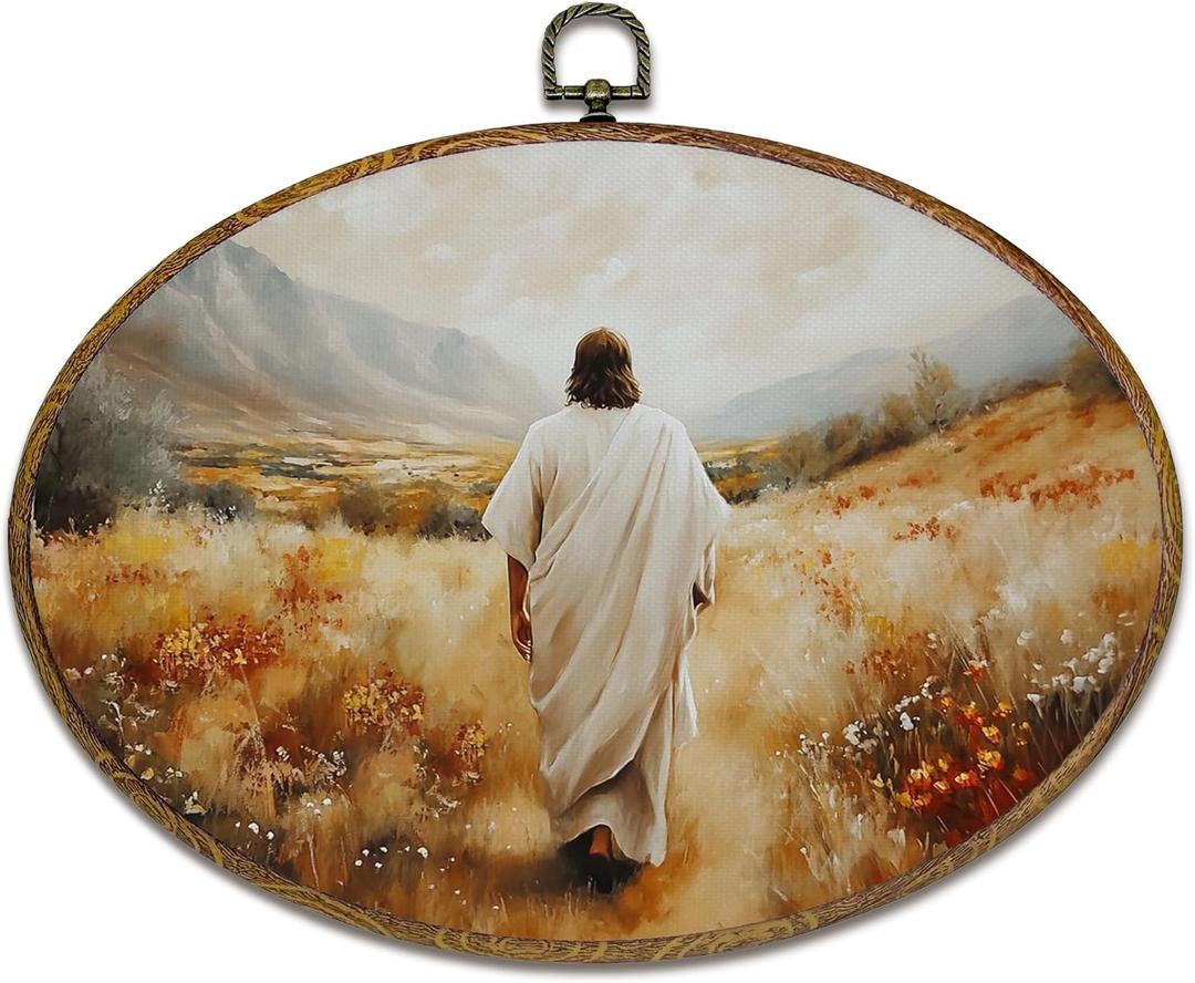 kdqua Christian Jesus Oval Wall Art Decor, Jesus Rustic Mountain Landscape Canvas Artwork Framed, Religious Christian Wall Hanging Decorations for Home Bedroom Living Room Church, 11.4x8.6 Inch (Fall 3)