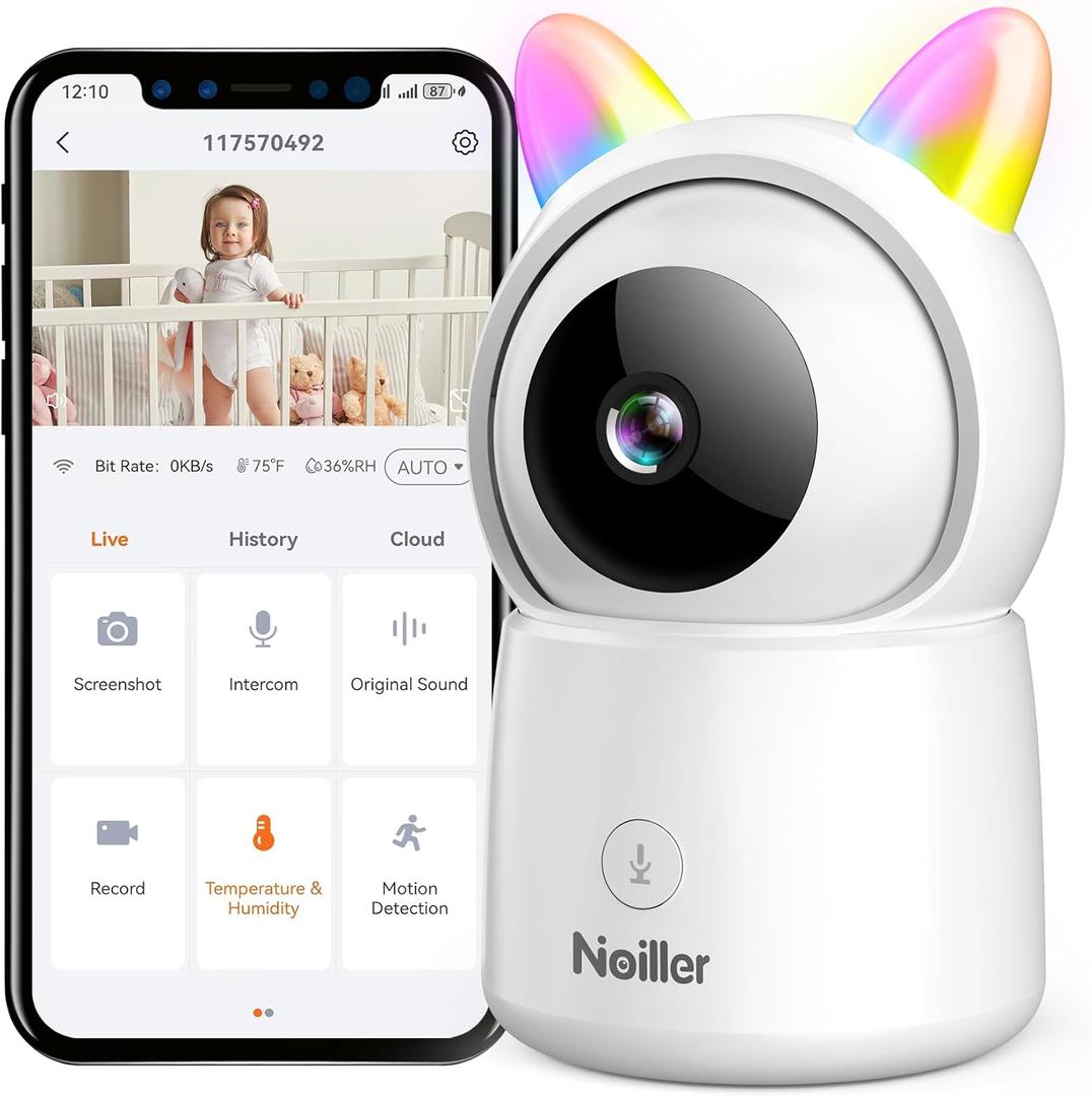 NOILLER 1080P Pan/Tilt Security Camera for Baby Monitor, 2.4G WiFi Pet Camera with Motion Detection, Night Vision, 2-Way Talk, RGB Night Lights, Lullabies, TF/Cloud Storage, Works with Alexa & Google Home