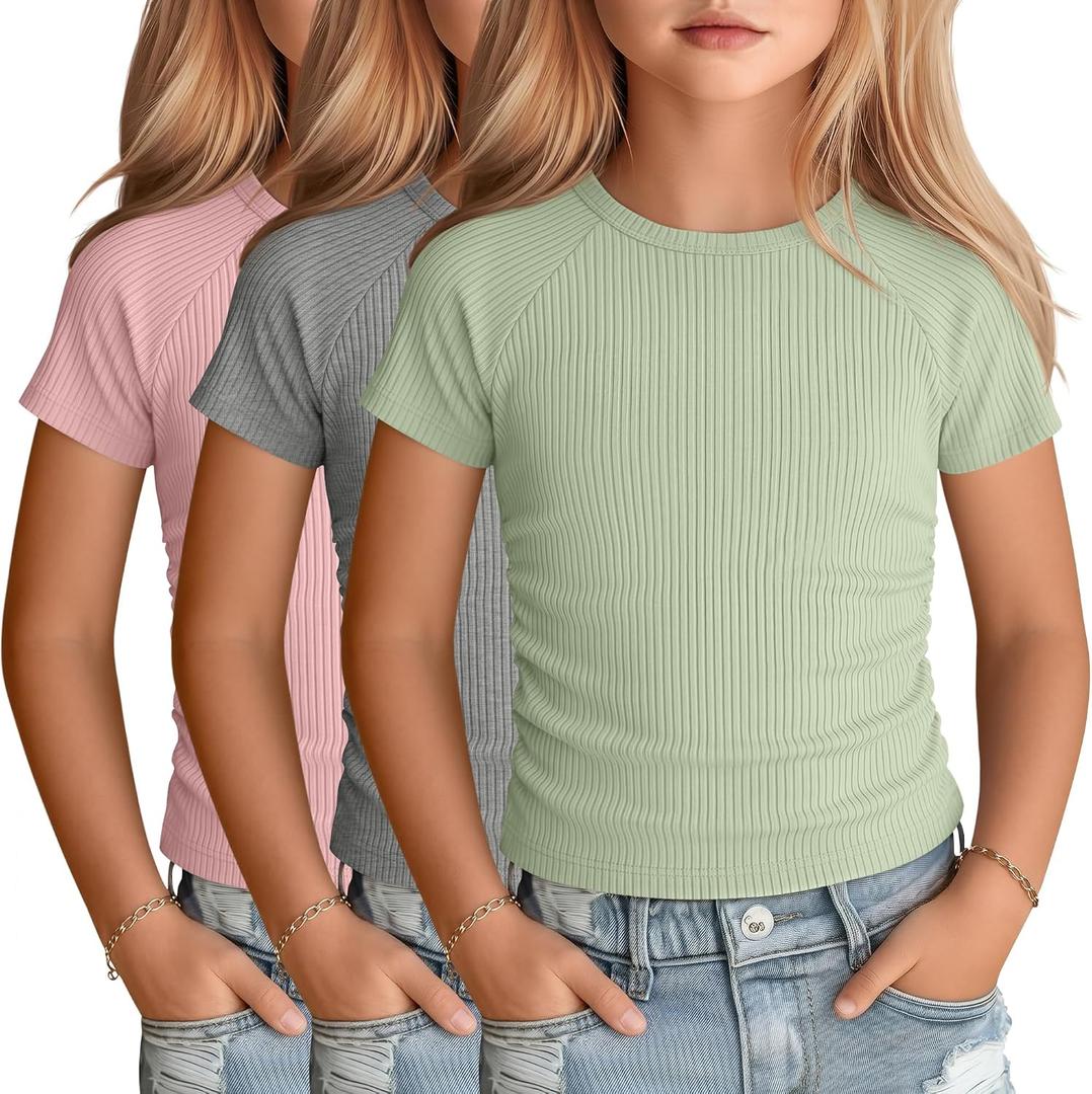 3 Pack Girls Short Sleeve Cute Shirts | Ribbed Knit, Crew Neck, Slim Fit, Summer, Basic, Soft, School Outfit, Trendy, Ages 5-14, Solid Colors, Versatile Styling