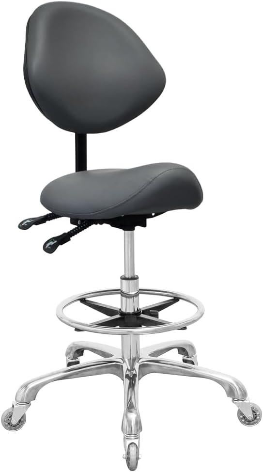 Saddle Stool Chair with Back Support Footrest, Heavy-Duty(350LBS), Hydraulic Rolling Swivel Adjustable Stool Chair for Salon Spa Beauty Massage Dental Clinic Home Office Use (Grey)