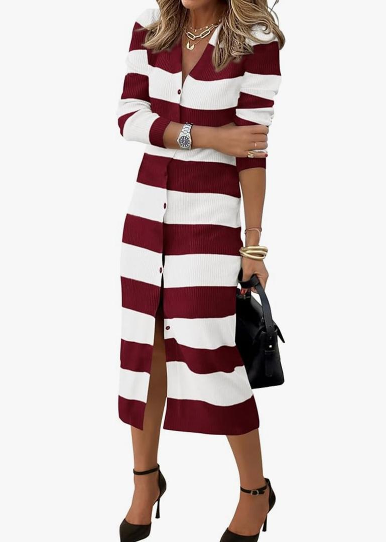 PRETTYGARDEN Women's Fall Sweater Dresses 2025 Long Sleeve V Neck Button Ribbed Knit Stripes Bodycon Midi Winter Dress, XL