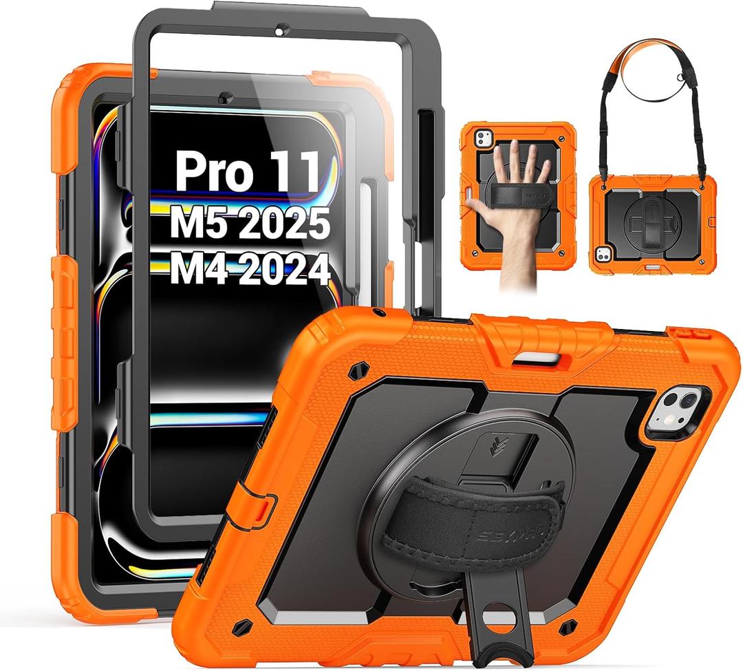 SEYMAC for iPad Pro 11 Inch Case M5 2025 / M4 2024, Heavy Duty Shockproof Protective Case with Screen Protector, 360 Rotating Stand, Hand/Shoulder Strap and Pen Holder, Orange