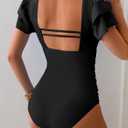 Eomenie Women's Tummy Control One Piece Swimsuit Ruffle Square Neck Bathing Suit Ruched Cutout Back Slimming Swimwear (Black, XL)