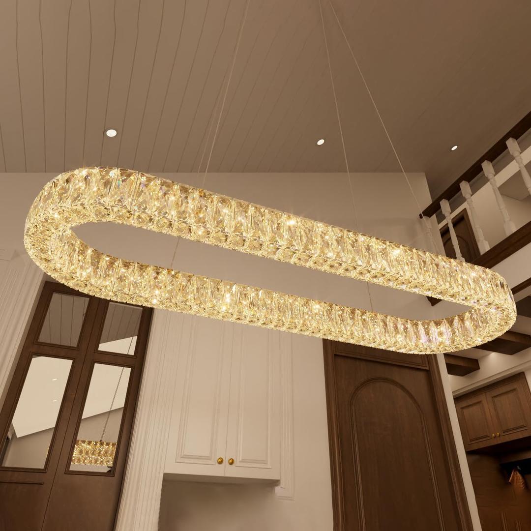 HAIXIANG LED Long Chandeliers for Dining Table Modern Chandelier Dimmable Pendant Lights Crystal Rectangular Glam Lighting Fixtures for Dining Room Kitchen Island Gold, Oval : L40"