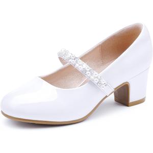 LAURMOSA Flower Girl Shoes Kids High Heels Mary Jane Flats Cute Pearl Rhinestones Girls Dress Pumps Shoes for Church Wedding Party Little Big Kids. size 13