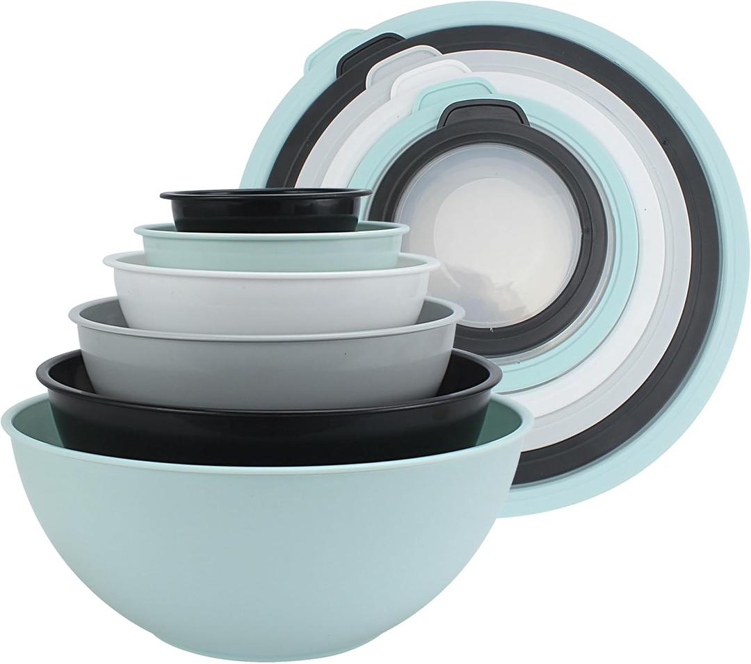 COOK WITH COLOR Mixing Bowls with Lids - 12 Piece Plastic Nesting Bowls Set includes 6 Prep Bowls and 6 Lids, Non Slip Bottom and Diamond Design - Microwave Safe (Mint)