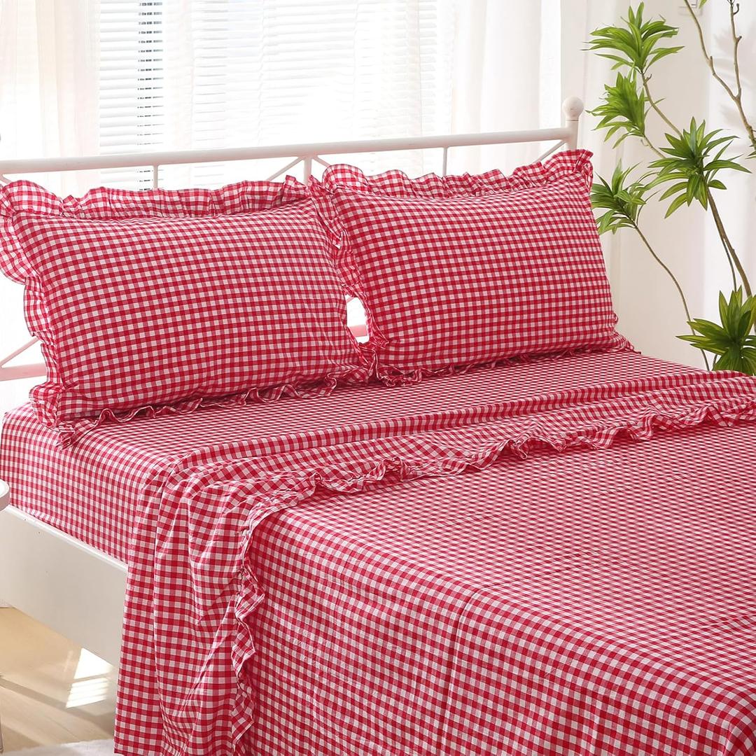 Red White Plaid Ruffle Sheets King Size 4-Piece Set, 300TC 100% Yarn Dyed Cotton Sheets Deep Pocket Farmhouse Gingham Decorative Bedding(Red/White Plaid,King)