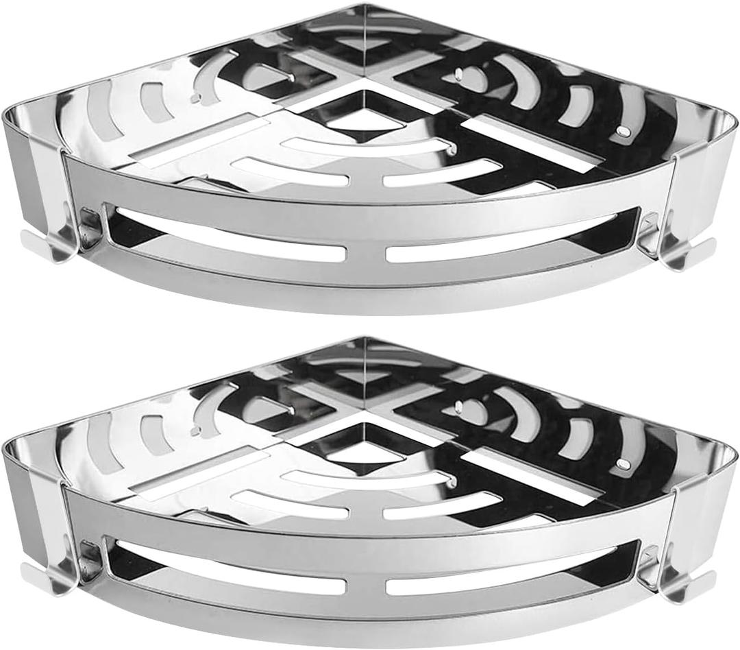 NearMoon Bathroom Shower Caddy 2 Pack, 304 Stainless Steel Corner Shelf Shower Organizer with 2 Hooks (No Drill, Chrome Finish)