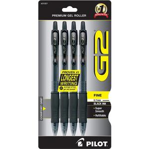 PILOT G2 Premium Refillable and Retractable Rolling Ball Gel Pens, Fine Point, Black Ink, 4-Pack (31057)