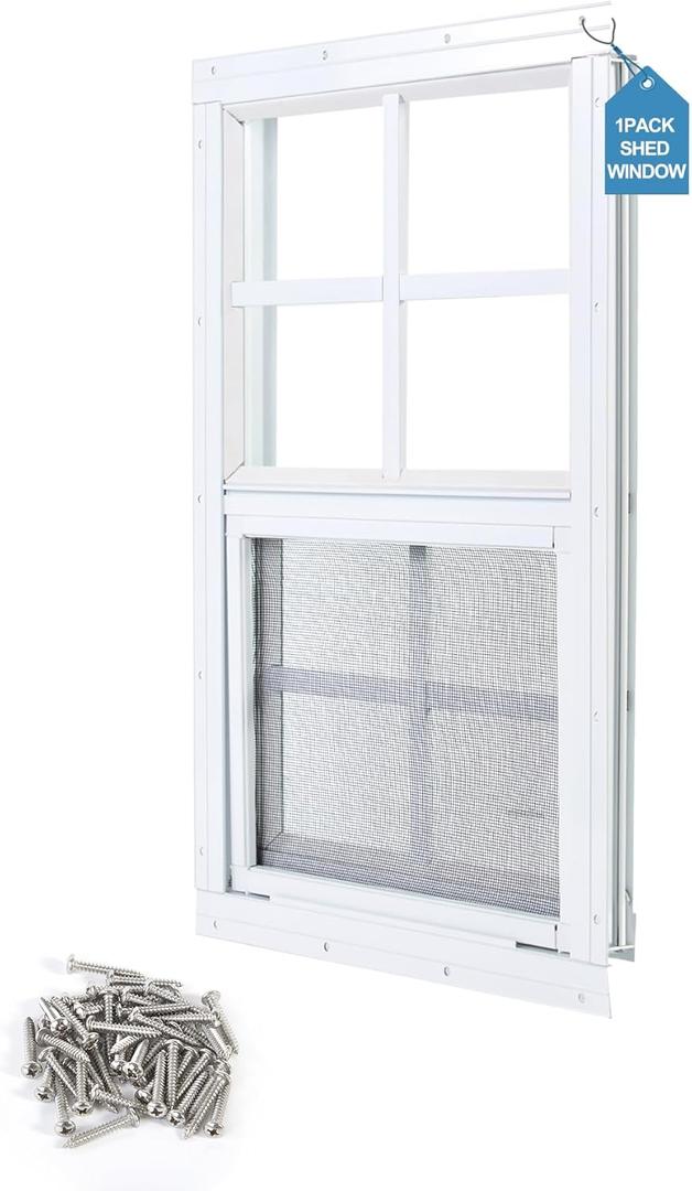 1 Pack Shed Window 12"X18" White Flush Mount Household Windows with Tempered Glass and Fiberglass Screen for Shed Chicken Coop Playhouse and Garage