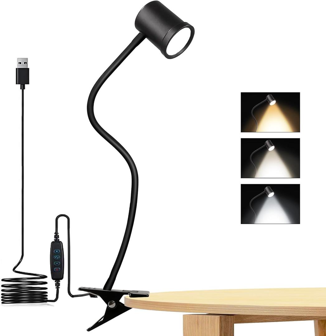 3 Modes & 10 Brightness Clip-on Reading Light - Desk Lamp with 360 Gooseneck & Memory Function for Bed, Books & Headboard (Black)