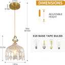 Vintage Crystal Small Pendant Lights Kitchen Island, Adjustable Cord Length 0.5" to 70", Dia7.87 Glass Shade Light Fixture,Brass Hanging Light, Chandelier for Bedroom (1-PackHard-Wired