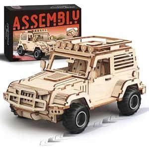 MOCBURIKU 3D Wooden Puzzle Off-Road Car for Adults, Brain Teaser 3D Puzzles for Kids and Adults to Build, 125pcs Wood Craft Pull Back Truck Cars, Christmas Birthday Gift for Teens Men Women