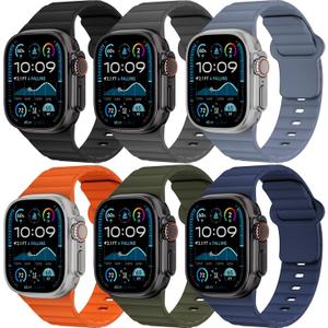 6 Pack Sport Bands for Apple Watch Ultra/3/2 Band 44mm 45mm 46mm 49mm 42mm iWatch Bands for Men Women,Waterproof Silicone Strap Wristband for Apple Watch Series  SE 3/2 (01-Black/Dark Grey/Blue Grey/Orange/Army Green/Navy Blue)