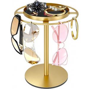 LSK Metal Sunglasses Organizer, Glasses Holder Stand with Storgae Tray, Eyeglasses Holder with Anti-Slip Pads for Tabletop, Desk, Dresser, Gold