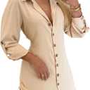 Women Shirt Dress Sexy Long Sleeve Button Down Blouses Side Drawstring Apricot Mini Dresses-M
