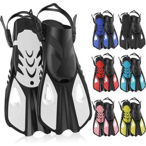 Snorkel Fins, Swim Fins Travel Size Short Adjustable for Snorkeling Diving Adult Men Women Open Heel Swimming Flippers (White)