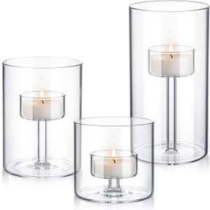 3 Set Hurricane Glass Candle Holders Pillar Votive Hand Blown Clear Cylinder Vase Modern Rustic Table Centerpieces Bulk 3 Sizes (2.8''/4.3''/6'' H)