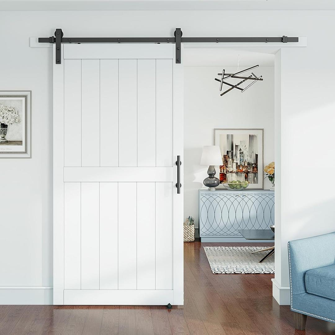 SmartStandard 40 x 84 inch White Sliding MDF Barn Door with 7FT Black Sliding Door Hardware Kit & Handle, Pre-Drilled Ready to Assemble, Waterproof PVC Coating, H-Frame