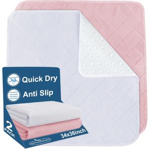 Bed Pads Washable Waterproof 2 Pack for Incontinence, Large 34 x 36 inch Absorbent Underpads, Reusable Pee Pads for Kids, Adults, Pets, Pink