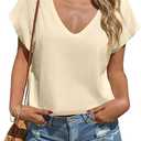 Tankaneo Womens Cropped Deep V Neck T Shirts Summer Casual Short Cap Sleeve Tops Loose Fit Basic Tee Beige, Large