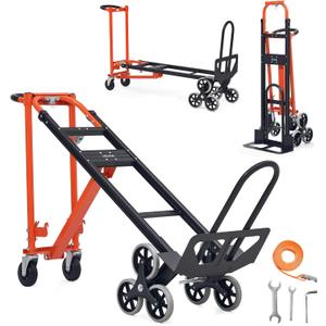 VEVOR 3 in 1 Industrial Convertible Stair Climbing Cart, 770 lbs Max Load, Folding Hand Truck Dolly with Handle & Wheels, Stair Climbing Utility Trolley for Transport & Moving, Orange & Silver